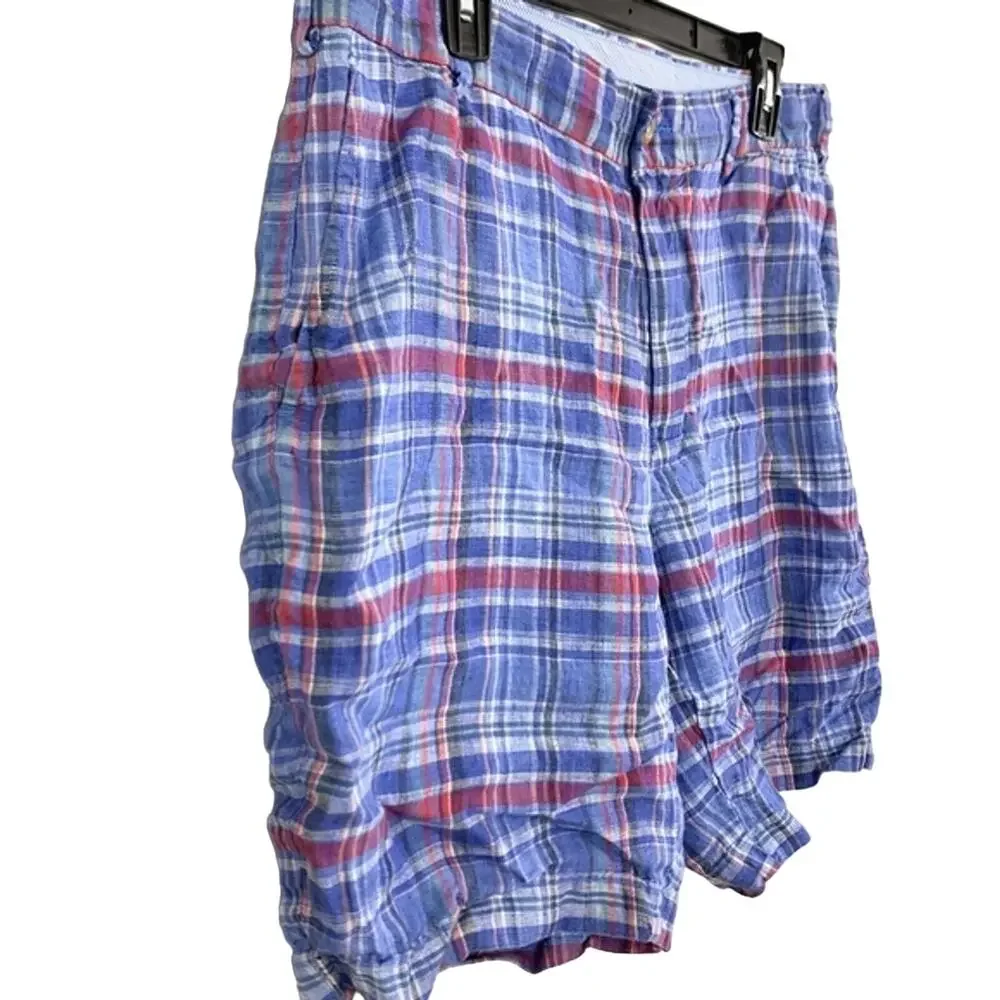 PETER MILLAR Blue Pink Linen Men's Flat Front Shorts Golf Casual Plaid sz 34